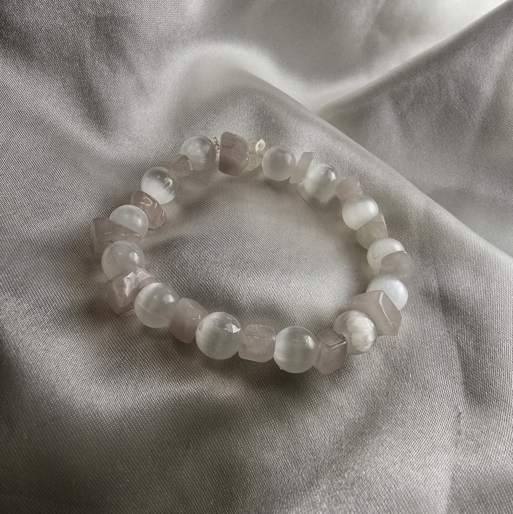 Raw Rose Quartz & Selenite Bracelet | Self-Love & Healing Heart